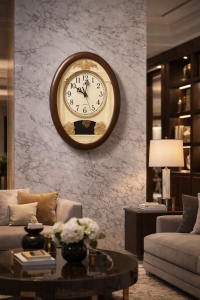 Ceas de perete oval cu design clasic, cifre arabe mari și elemente decorative în relief