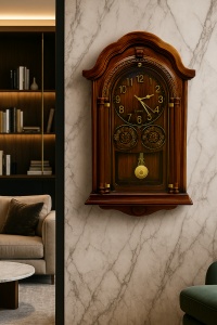 ceas de perete vintage din lemn cu pendul și detalii ornamentale aurii