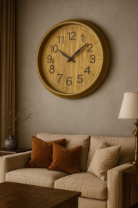 ceas de perete din lemn deschis, cu cifre maro și limbă clasică, design natural minimalist