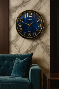 Ceas de perete rotund cu cadran albastru și cifre aurii, ideal pentru living modern sau birou elegant