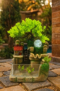 fântână decorativă de interior cu pom verde și casă rustică