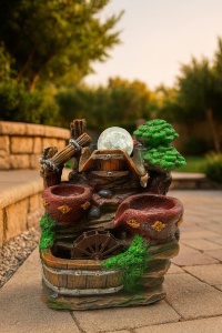 fântână decorativă de interior cu vase roșii și roată de apă