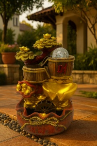 fântână feng shui decorativă cu vase aurii, bani norocoși și pom stilizat