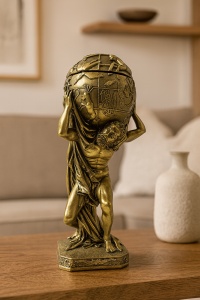Statuetă decorativă Atlas auriu, zeul mitologic ce poartă globul pe umeri