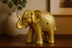 statuetă elefant auriu decorat cu modele geometrice, simbol al prosperității