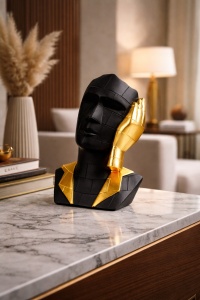Statueta decorativa bust abstract negru cu detalii aurii, figurina moderna pentru living