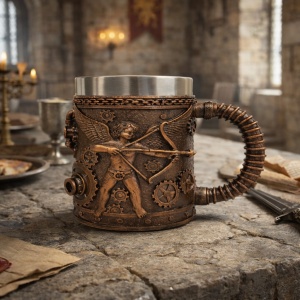 Cana decorativa steampunk cu inger arcas si roti dintate, model vintage bronz