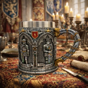 Cana decorativa medievala cu cavaleri si arcada gotica, model vintage argintiu