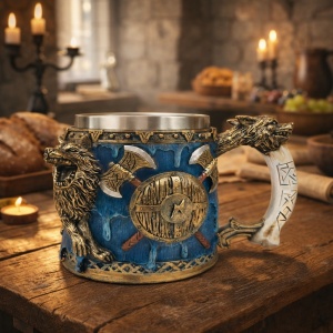 Cana decorativa vikinga cu cap de dragon si scut nordic, model medieval fantasy albastru