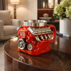 Cana decorativa model motor V8 rosie, cana tematica auto cu design 3D
