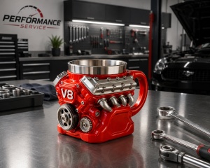 Cana decorativa model motor V8 rosie, cana tematica auto cu design 3D