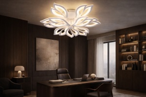 Lustră LED modernă albă, cu design floral suprapus și iluminare caldă difuză