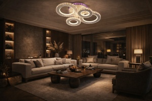 Lustră LED modernă cu cercuri cristaline și efect decorativ violet, perfectă pentru dormitoare elegante