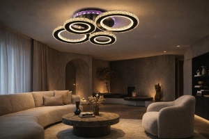Lustră LED modernă cu cercuri luminoase și efect decorativ mov, perfectă pentru living sau dormitor