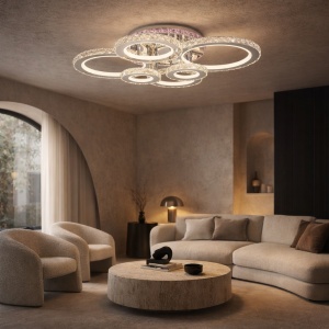 Plafonieră LED modernă cu cercuri iluminante din cristale acrilice, ideală pentru un decor elegant și luminos