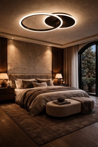 Lustră LED modernă cu design în cercuri împletite, ideală pentru dormitoare și livinguri elegante, oferind lumină uniformă și un aspect minimalist