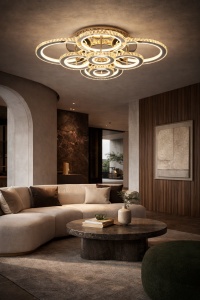 Lustra LED elegantă cu inele iluminante și efect strălucitor, perfectă pentru un ambient modern și rafinat