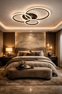 Lustră LED modernă cu design în cercuri împletite, ideală pentru dormitoare și livinguri elegante, oferind lumină uniformă și un aspect minimalist