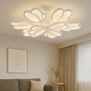 Lustră LED modernă cu elemente luminoase în formă de petale suprapuse, finisaj alb și lumină caldă difuză