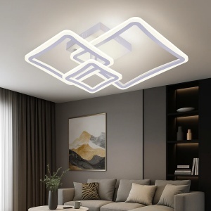 Lustră LED modernă cu forme pătrate suprapuse și contururi luminoase albe, într-un design geometric minimalist