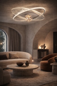 Plafonieră LED modernă cu design astral, cercuri iluminate și glob decorativ cristalin, stil contemporan