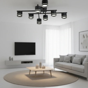 Plafonieră LED modernă cu spoturi direcționabile, design negru mat și accente circulare luminoase