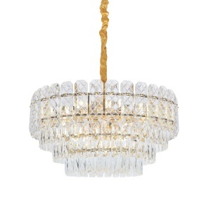 Candelabru modern cu cristale transparente și finisaj auriu, ideal pentru living, dining sau interioare elegante