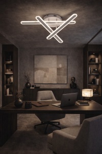 Lustră LED modernă cu trei bare luminoase albe dispuse în formă încrucișată