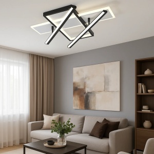 Lustră LED modernă cu elemente liniare și rame geometrice în nuanțe de negru și alb, cu iluminare caldă integrată