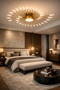 Lustră LED aurie cu design radial tip soare, având multiple brațe subțiri cu lumini integrate