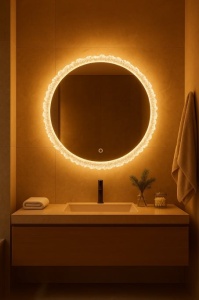 Oglindă rotundă de baie cu LED și ramă din acrylic, iluminare rece, caldă și neutră, control touch modern