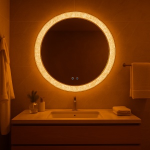Oglindă LED rotundă cu ramă acrylic decorativ, iluminare rece, caldă și neutră, plus funcție anti-aburire