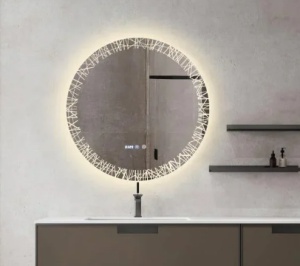 oglindă LED rotundă cu model decorativ, funcție de dezaburire, ceas digital, termometru și trei tipuri de lumină – rece, caldă și neutră