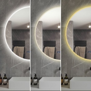 oglindă LED rotundă cu funcție de dezaburire, ceas digital, termometru și trei tipuri de lumină – rece, caldă și neutră