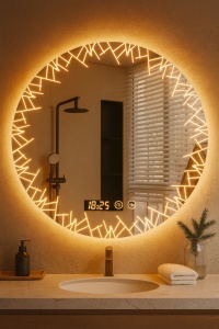 oglindă rotundă ,moderna, cu design minimalist de baie cu ceas digital, funcție dezaburire și iluminare LED rece, caldă și neutră