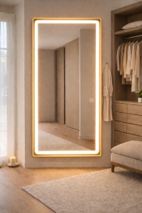 oglindă mare aurie cu ramă de aluminiu, suport și opțiune de agățare, iluminare rece, caldă și neutră