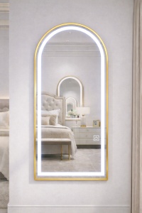 oglindă mare aurie cu ramă de aluminiu, suport și opțiune de agățare, iluminare rece, caldă și neutră