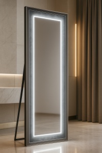 Oglindă decorativă înaltă cu iluminare LED și inserții de strassuri argintii, perfectă pentru living și hol
