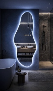 Oglinda baie LED forma organica verticala cu iluminare si afisaj digital
