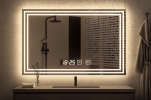 oglindă modernă iluminată LED cu lumină rece, caldă și neutră, ceas și anti-aburire