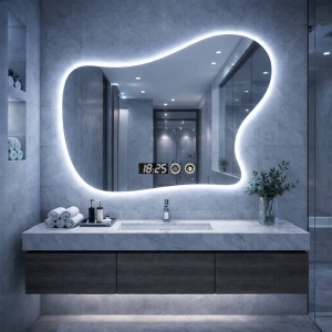 Oglinda decorativa baie cu forma abstracta si LED