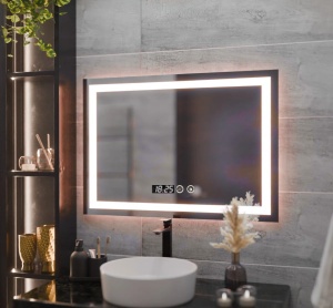 oglindă modernă cu iluminare LED rece caldă neutră, ceas și anti-aburire
