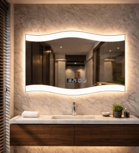 Oglinda baie cu iluminare LED si afisaj digital, design modern pentru perete
