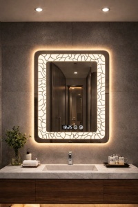 Oglinda baie LED patrata cu iluminare perimetrala si afisaj digital, design modern