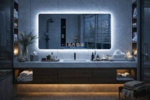 Oglinda moderna pentru baie cu iluminare perimetrala ambientala