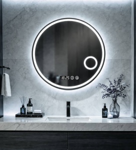 Oglinda rotunda baie cu iluminare LED si afisaj digital, design modern minimalist