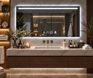 Oglinda baie LED dreptunghiulara cu iluminare frontala si afisaj digital, design modern