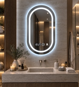 Oglinda baie LED ovala cu iluminare integrata, afisaj digital si senzor de miscare