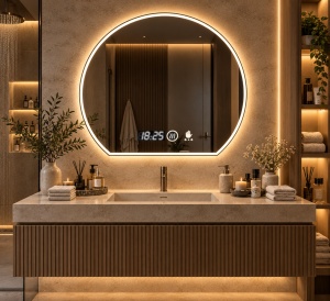 Oglinda LED DECORIALE cu Senzor de Mișcare, Dezaburire, Ceas și Termometru 80x80cm- "Voremi"