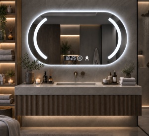 Oglinda moderna pentru baie cu LED, functii smart si senzor de miscare